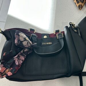 Steve Madden Black Satchel with Floral Scarf Accent